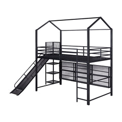 Bellemave® Twin Size Metal House Loft Bed with Iron mesh Shelves and Slide