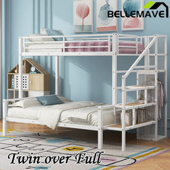 Bellemave® Twin over Full Metal Bunk Bed with Storage Staircase and Open Wardrobe