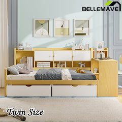 Bellemave® Wooden L-Shape Daybed with Seven Storage Cabinets and Two Storage Drawers, Study Desk and Built-in Bookshelf