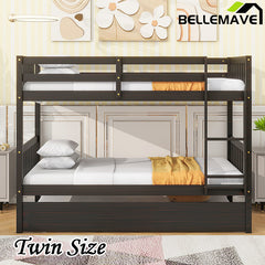 Bellemave® Twin Size Rubber Wood Bunk Bed with Trundle Bed, Convertible into 2 Twin Size Beds