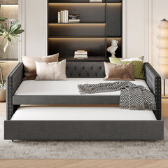 Bellemave® Full Size Upholstered Tufted Daybed with Twin Trundle, Button & Copper Nail on Square Arms