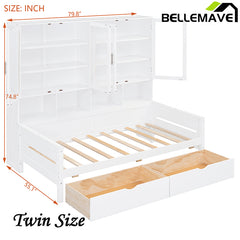 Bellemave® Wooden Daybed with Glass-Door Storage Cabinets, Built-in LED Lighting and Shelves