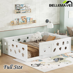 Bellemave® Solid Wood Floor Bed with Heightened Safety Guardrails and Door(No Slats Included)