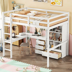 Bellemave® Full Size Loft Wood Bed with Desk, Storage shelves and Drawers, Built-in Ladder and Guardrails