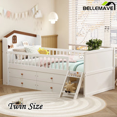 Bellemave® Twin Size Wooden Platform Bed with Storage 4 Drawers,Guardrail Headboard and Ladder