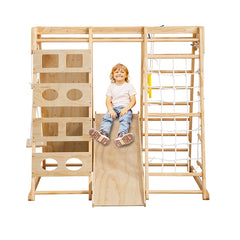 Bellemave® Toddler Indoor Wooden Gym 8 in 1 Indoor Playground Climbing Toy Set with Slide Swing Climbing Net Rings