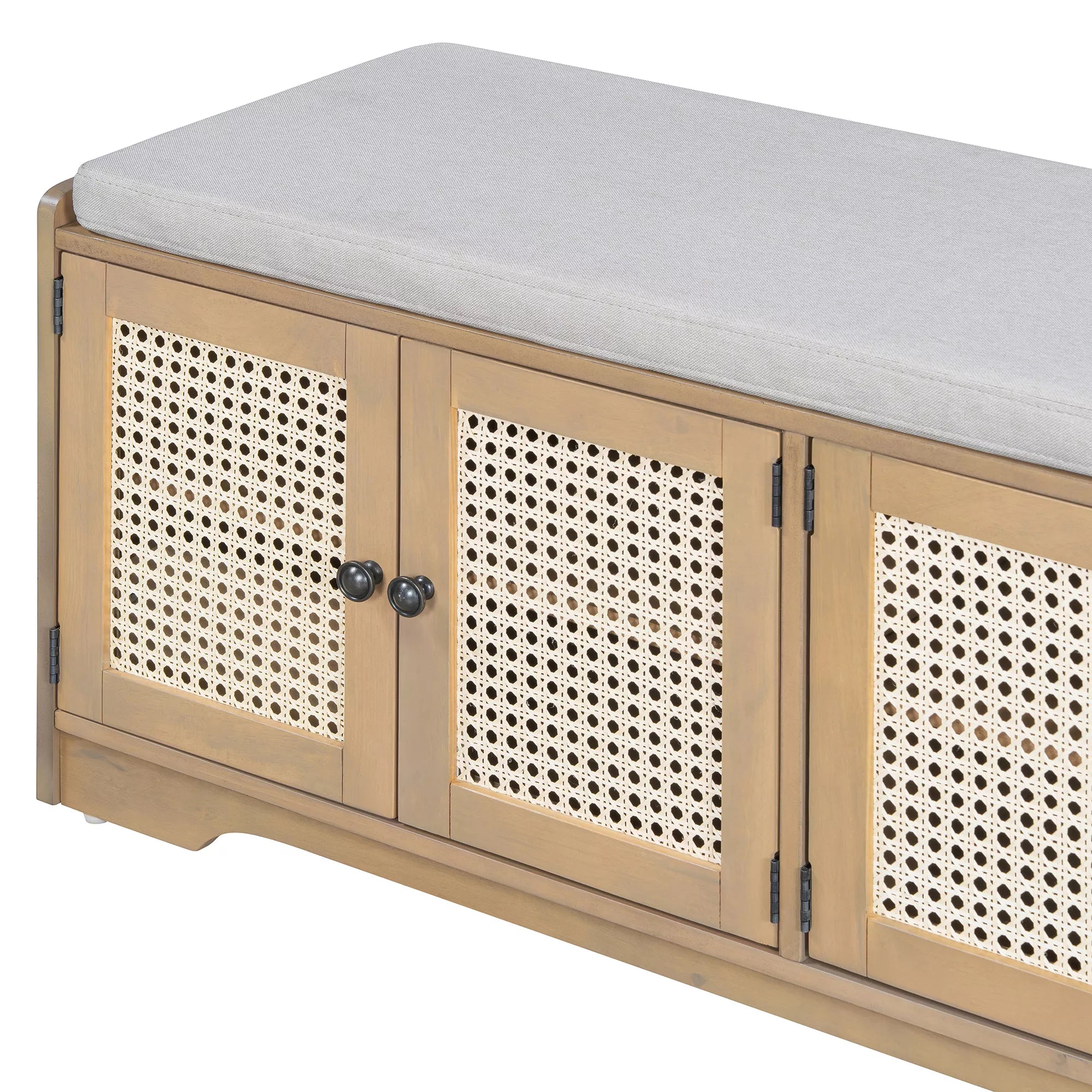 Wood shoe bench with woven rattan cabinet doors
