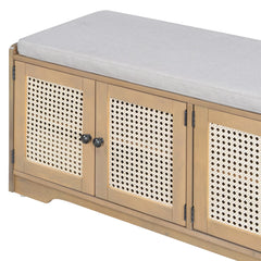 Wood shoe bench with woven rattan cabinet doors