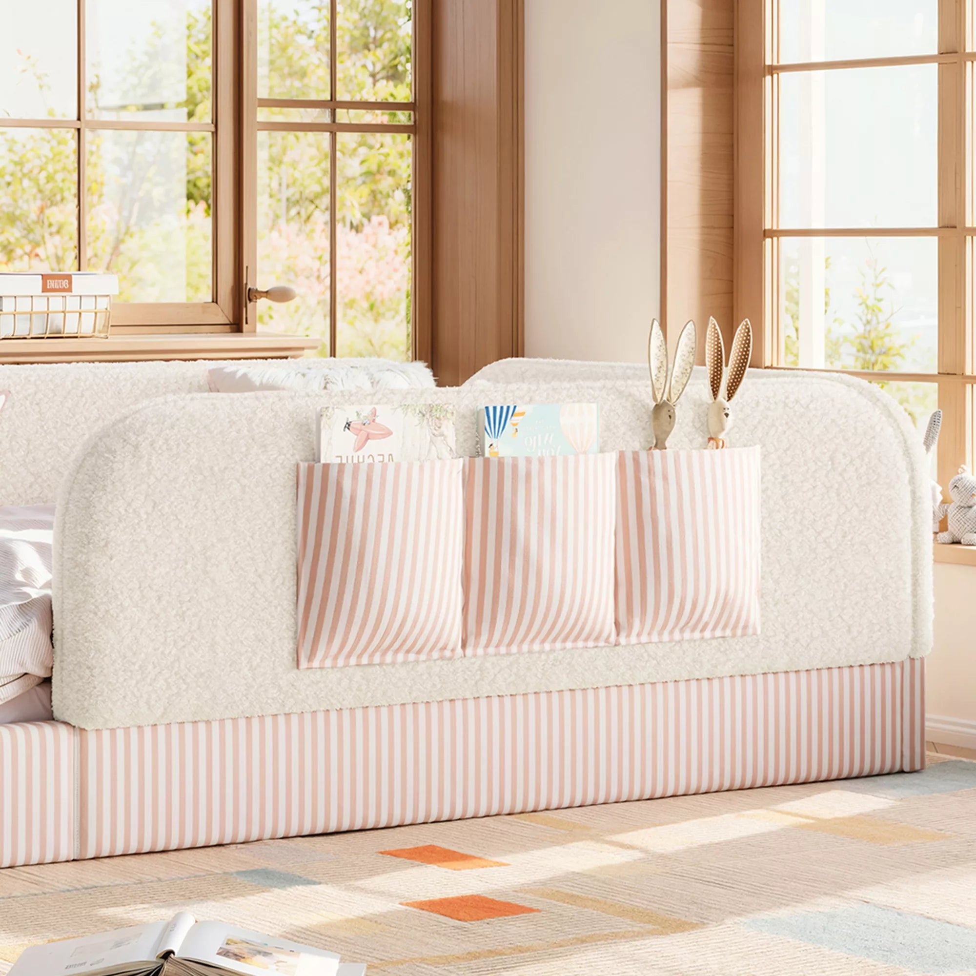 soft upholstered kids floor bed frame with safety rails