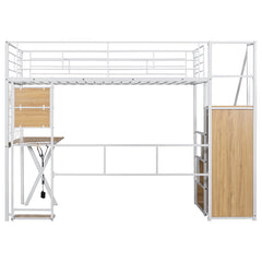 Bellemave® Metal Loft Bed with Built-in Work Station, Wardrobe, Storage Staircase and LED