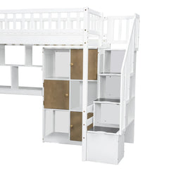 Bellemave® Twin Size Wood Loft Bed with Built-in Desk, LED, Storage Shelves, Cabinets and Staircase