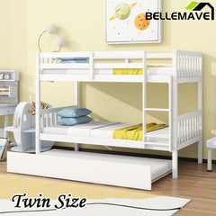 Bellemave® Twin Size Rubber Wood Bunk Bed with Trundle Bed, Convertible into 2 Twin Size Beds