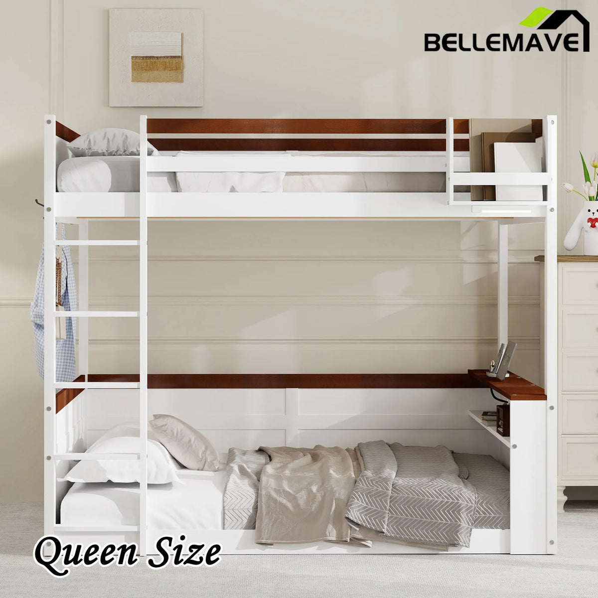 Bellemave® Queen Size Wooden Bunk Bed with Built-in Shelves,Storage Box,LED Light and USB Charging Station