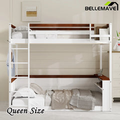 Bellemave® Queen Size Wooden Bunk Bed with Built-in Shelves,Storage Box,LED Light and USB Charging Station