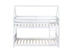 Bellemave® Twin Size Rubber Wood House Floor Bunk Bed with Headboards, Footboards and Guardrails, Ladder