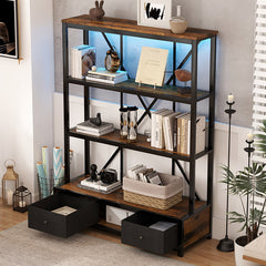 Bellemave® 3-Shelf Metal Vintage Industrial Style Bookcase with Drawers and LED Light