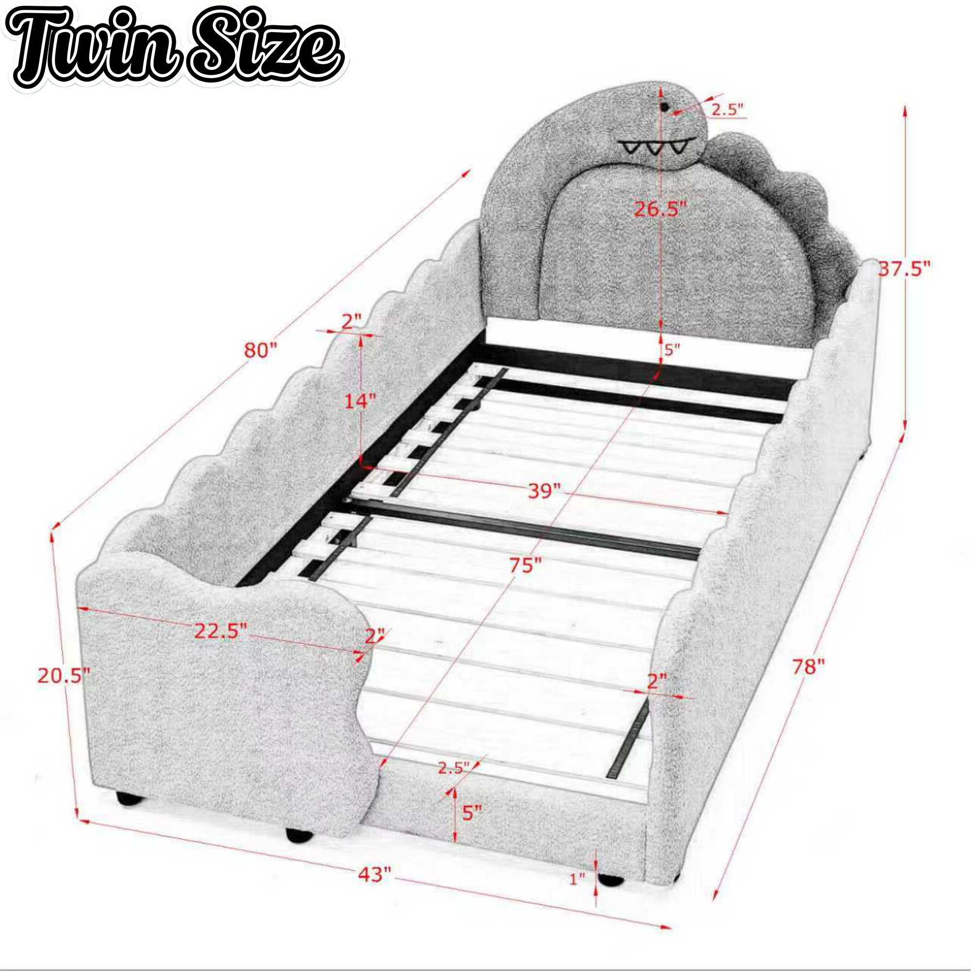Bellemave® Twin Size Kids Daybed with Dinosaur-Shaped Headboard, Upholstered Boucle Fabric Bed with Safety Guardrail for Girls and Boys Bellemave®