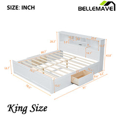 Bellemave® King Size Wood Platform Bed with Multi-storage Headboard, USB and Drawers