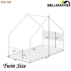 Bellemave® Twin Size Metal House Bed with Roof and Colorful Lights, Slats and Legs