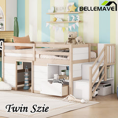 Bellemave® Twin Size Low Loft Bed with Stair, Drawer and Shelf, Built-In Space Under Bed