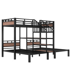 Bellemave® Metal Triple Bunk Bed with Shelf, Storage Stairs & Safety Guardrails, Black Bellemave