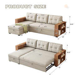 Bellemave® 84" Upholstered Pull Out Sectional Sofa with Storage Chaise and Wooden handrail