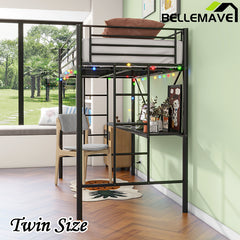 Bellemave® Twin Size Metal Loft Bed with Desk, Power Outlet and LED Lighted , Safety Guard & Ladder