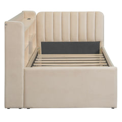 Bellemave® Twin Size Upholstered Daybed with Trundle, Storage Shelves, USB & Outlet
