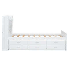 Bellemave® Wooden Platform Bed with Storage Headboard with Outlets, Twin Size Trundle with Three Storage Drawers