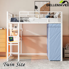 Bellemave® Loft Metal Bed with Desk,Shelves,Power Outlet,LED Light and Wardrobe