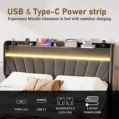 Bellemave® Queen Size Lift Up Upholstered Storage Platform Bed with Charging Station and LED Light, Wingback and Wooden Slats Support