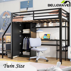 Bellemave® Twin Size Metal Loft Bed With Desk, Shelf, Wardrobe and Storage Staircase