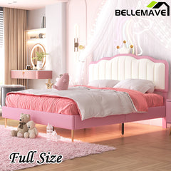 Bellemave® Upholstered Princess Bed with Crown Headboard, Light Strips and Golden Metal Legs