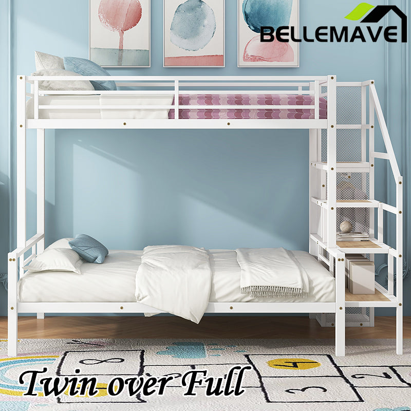 Bellemave® Twin over Full Metal Bunk Bed with Storage Staircase and Open Wardrobe