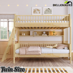 Bellemave® Twin Size Bunk Bed with 3 Storage Shelves, Safety Guardrails & Interchangeable Ladder, Space Saving Design for Kids Room, White Bellemave®