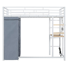 Bellemave® Loft Metal Bed with Desk,Shelves,Power Outlet,LED Light and Wardrobe