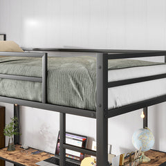 Bellemave® Twin Size Metal Loft Bed with L-Shaped Desk and Shelves, Charging Station, Led Lights, Safety Guard & Ladder