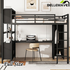 Bellemave® Full Size Metal Loft Bed with Wardrobe And L-shaped Desk,  Storage Cubes and Shelves