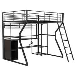 Bellemave® Full Size Metal Gaming Loft Bed with Built-in Work Station, Open Wardrobe, LED and Multiple Storage