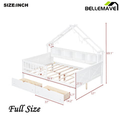 Bellemave® Full Size House Bed with LED Light and Storage Shelves, Drawers and Guardrail