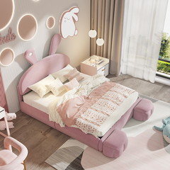 Bellemave® Full Size Upholstered Platform Bed with Cartoon Ears Shaped Headboard and Light