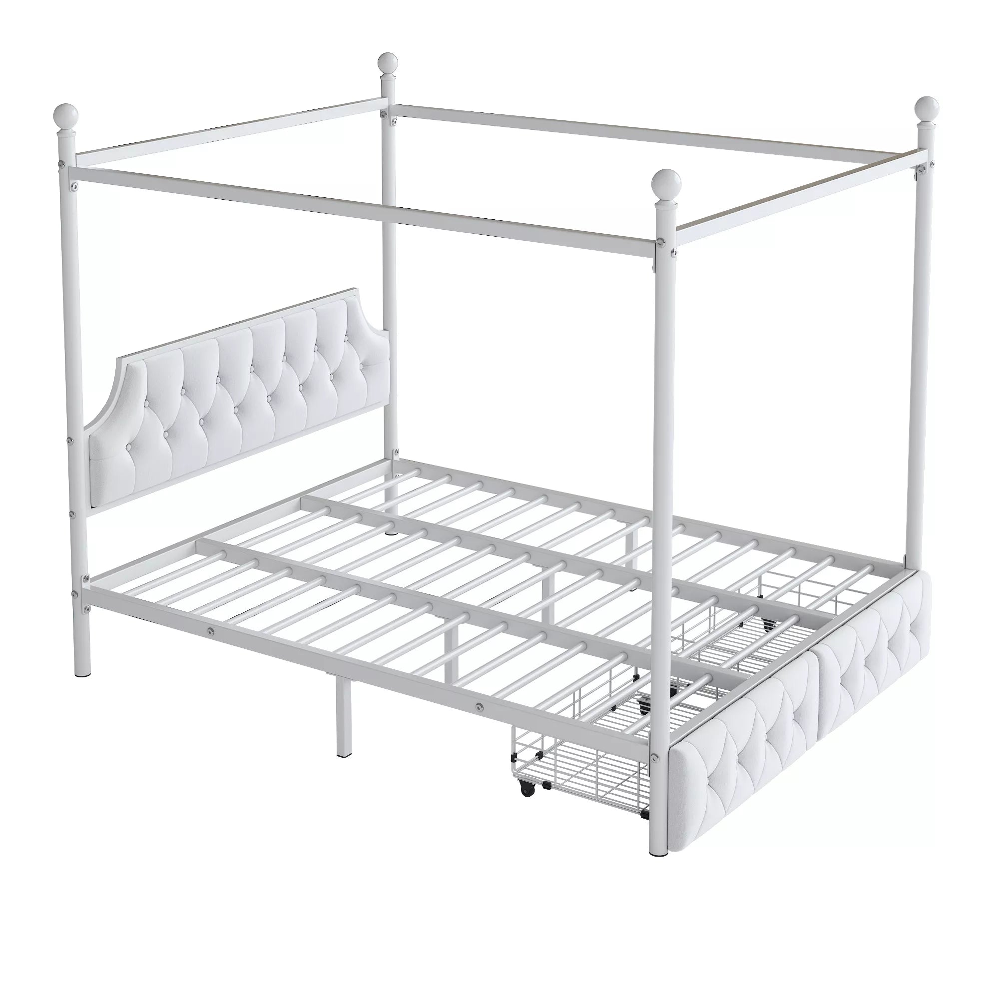 Bellemave® Queen Upholstered Canopy Bed Frame with 2 Drawers, Headboard & Storage, Four-Poster Metal Platform Bed Frame, White Bellemave®