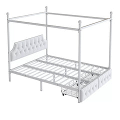 Bellemave® Queen Upholstered Canopy Bed Frame with 2 Drawers, Headboard & Storage, Four-Poster Metal Platform Bed Frame, White Bellemave®