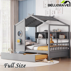 Bellemave® Wooden House Bed with Trundle and Storage Shelf