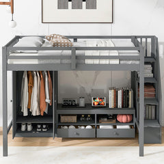 Bellemave® Full Size Loft Bed with Wardrobe,Low Storage Table and Storage Staircase