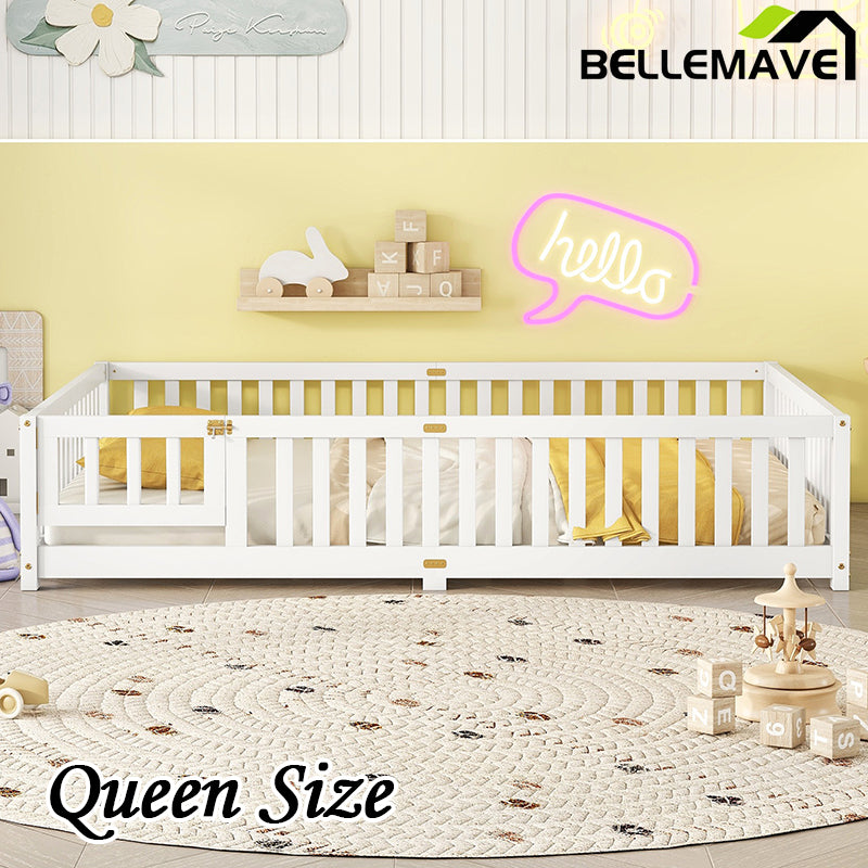 Bellemave® Queen Size Montessori Floor Bed with Safety Guardrails and Door