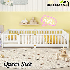 Bellemave® Queen Size Montessori Floor Bed with Safety Guardrails and Door