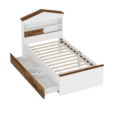 Bellemave® Twin Size House-Shaped Wooden Bed with Storage Shelf on the Headboard, Built-in Two Storage Drawers