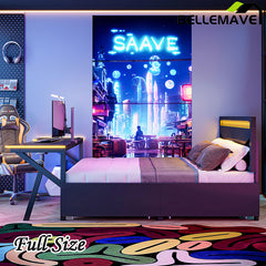 Bellemave® Metal Gaming Platform Bed with LED Headboard, LED Desk, USB and Two Storage Drawers