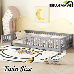 Bellemave® Twin Size Montessori Floor Bed with Safety Guardrails and Door